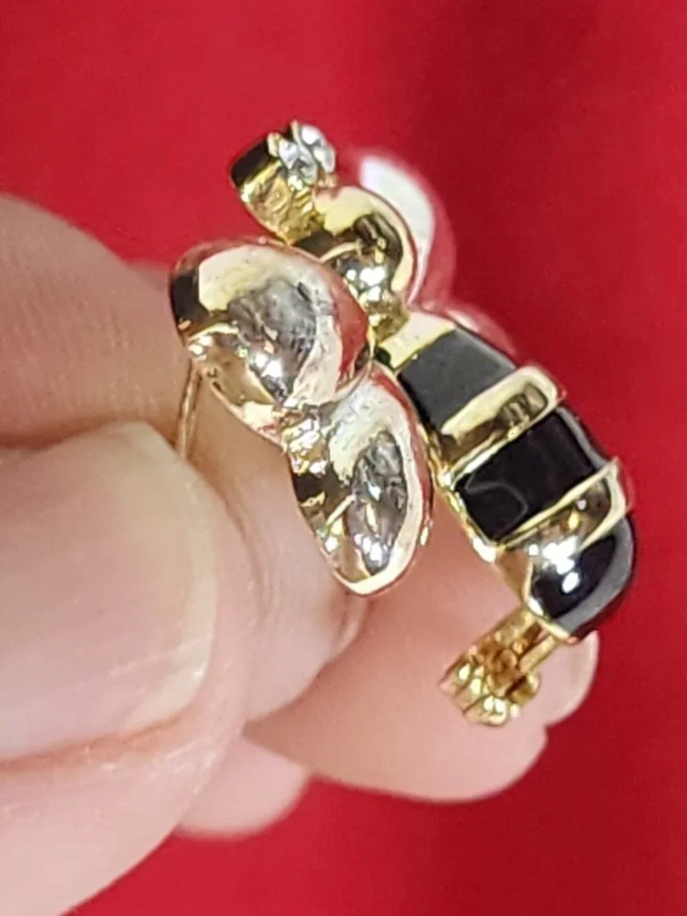 Mixed Metal Vintage Black Enamel Trembler Heart Winged w/Rhinestone Eyes Bee Pin
